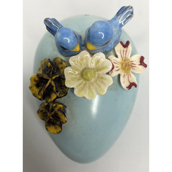 Vintage Unique Ceramic Blue Egg with 3D Flower Applique & Birds SKU PB188-3 - Picture 4 of 5